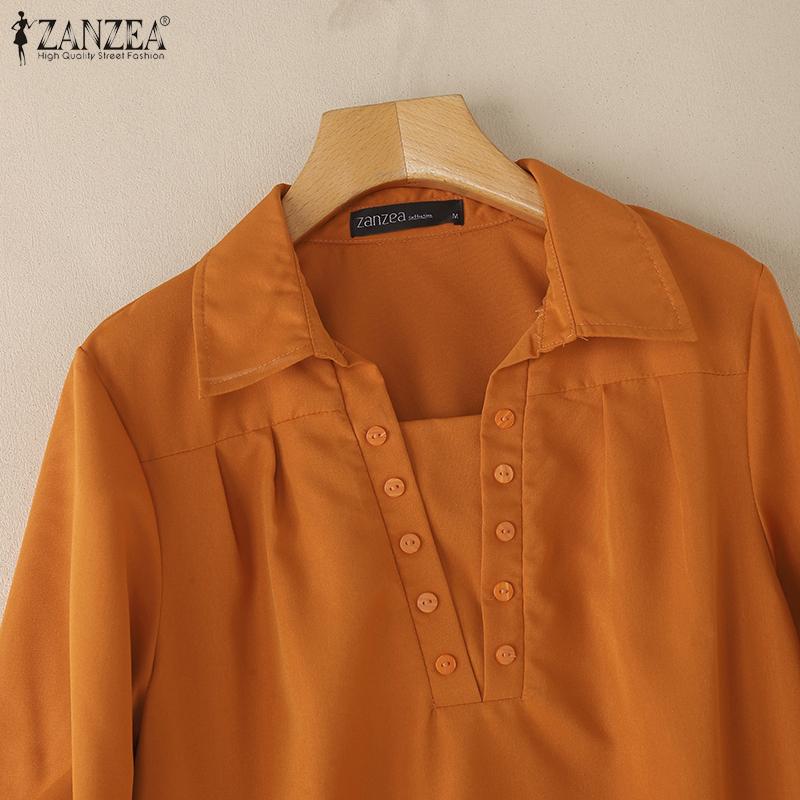 ZANZEA Women Turn Down Collar Solid Color Casual 3/4 Sleeve Blouse