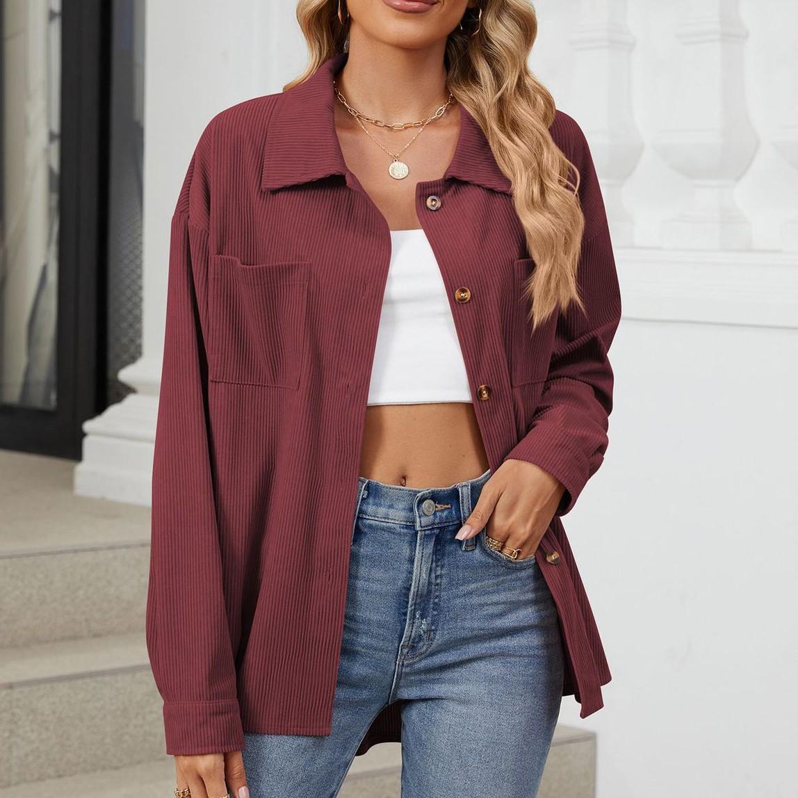 

Женская мода однотонный кардиган с карманом на пуговицах и лацканами, топы, куртка XL винный