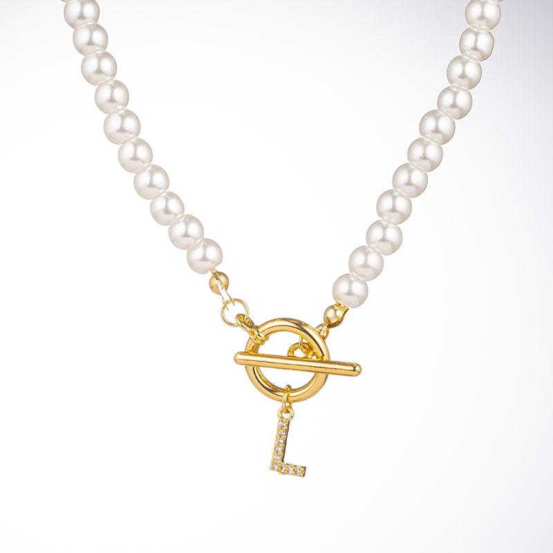 Zircon Crystal Initial A-Z Letter Pendant Necklace for Women Toggle Clasp Imitation Pearls Necklaces Wedding Jewelry Gift