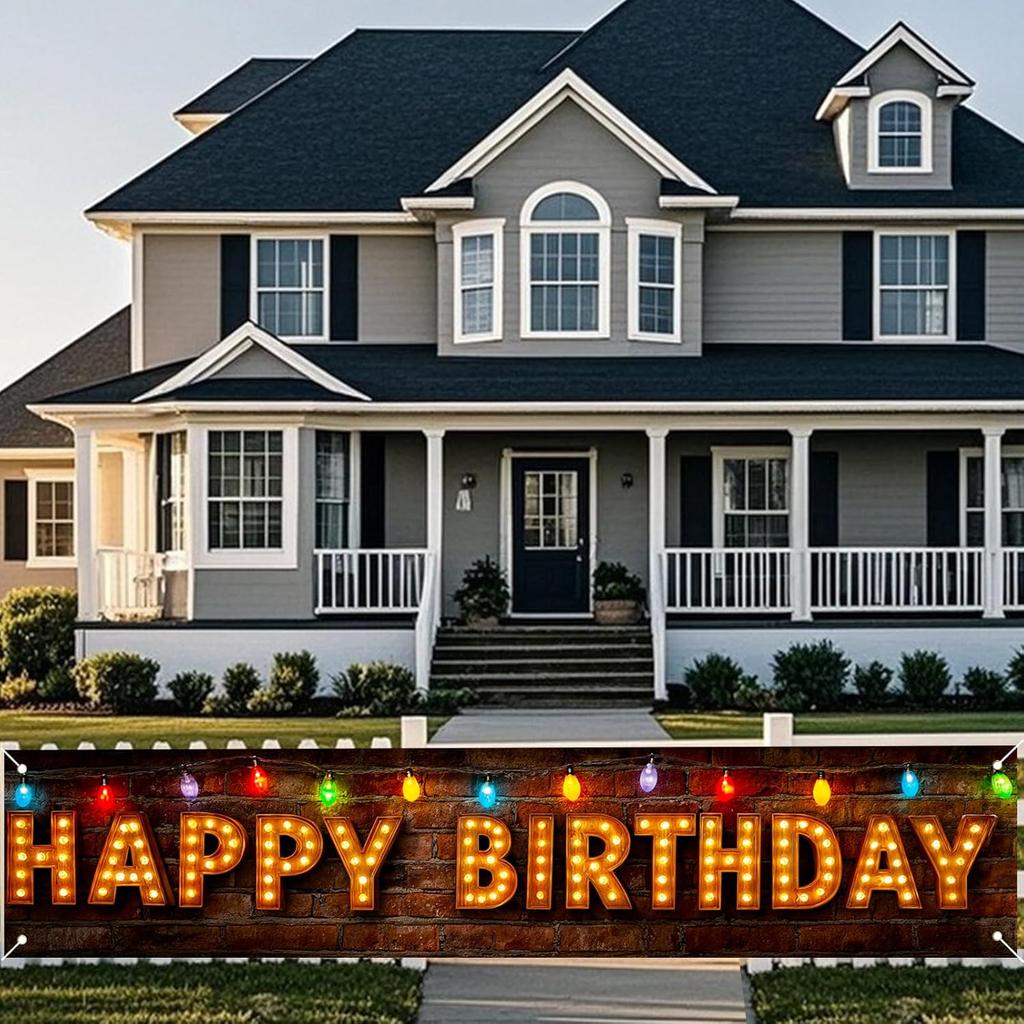 Nuxovilar Happy Birthday Yard Banner - 78.7x17.7 Inch Brick Wall with Colorful String Lights,Happy Birthday Yard Design, Outdoor/Indoor Giant
