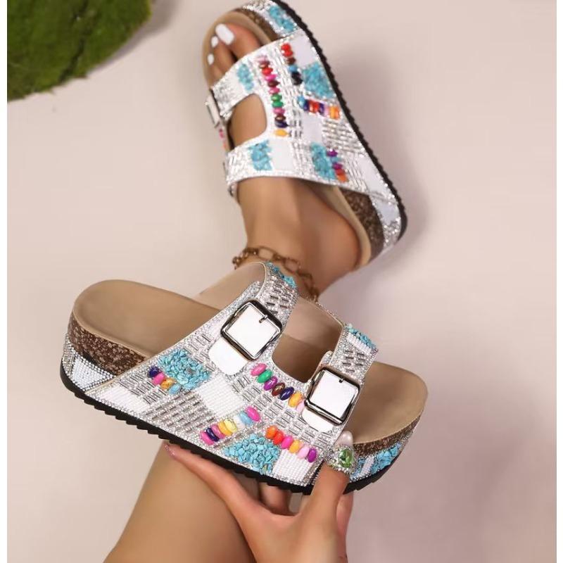 Spot Large Size New Thick-bottomed Rhinestone Double-buckle Beach Slippers Summer Foreign Trade Cork Cool Slippers Women