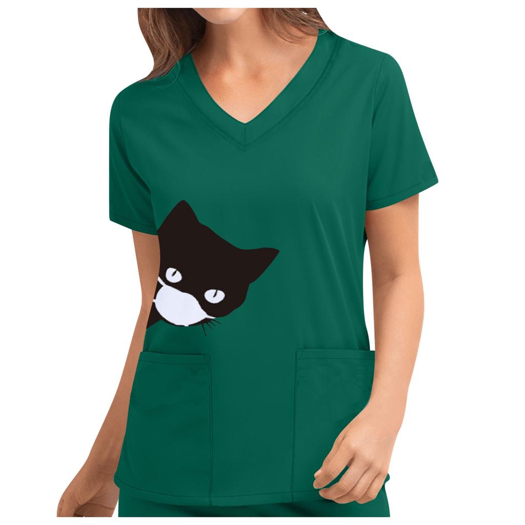 Women's Cute Print Short Sleeve V-neck Top Work  Solid Color Pocket Top