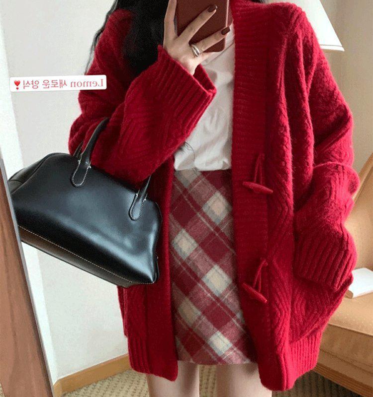 Women’s V-Neck Mid-Length Knit Cardigan - Loose Fit for Spring & Autumn
