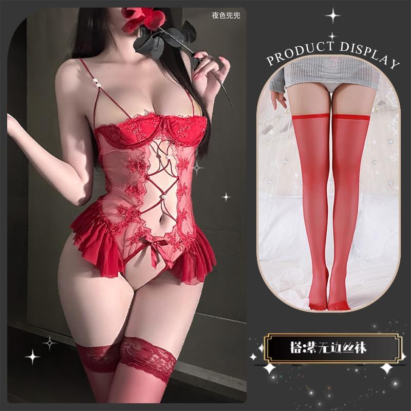 Sexy underwear Sexy small breasts show big lace seduction Hollow onesie Hot uniform Passion female body sculpting