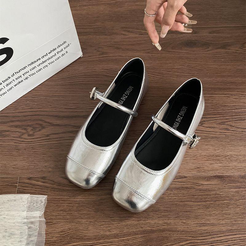 

Fashion Korean version of round head silver square head light mouth Mary Jane shoes women s 2025 new spring and summer word with flat shoes 40