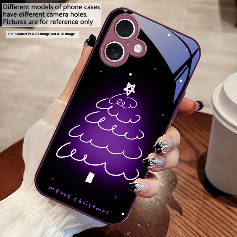 White Line Christmas Tree For iPhone 17 Air 16 E 15 14 13 Plus 12 Mini 11 17 Pro Max XR Xs Max 16E 7 8 Tempered Glass Phone Case