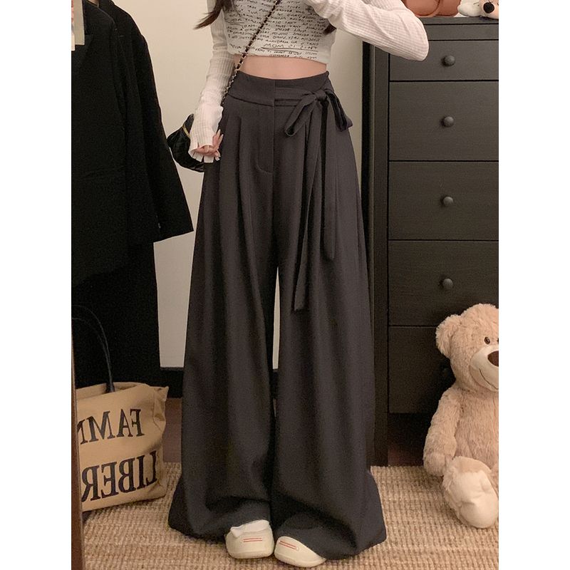 Kumikumi Stylish Blue High Waist with Straps Casual Pants Women Fall Easiest for Match Loose Drooping Wide-Leg Pants Pants