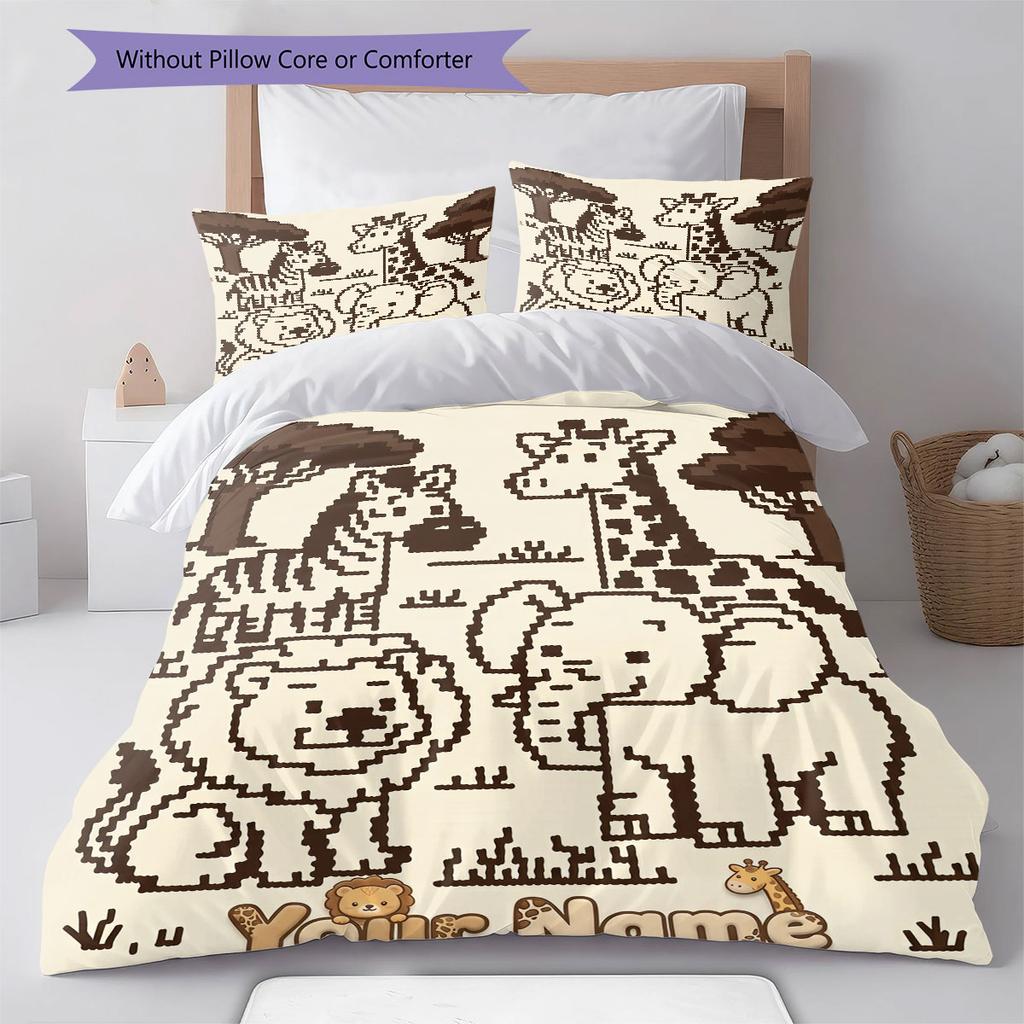 Custom Name,Cute Safari Animal Series Pattern Bedding Home Decoration Birthday Gift ( 1 Duvet Cover + 2 Pillowcase, Without Core),fan Merchandise.