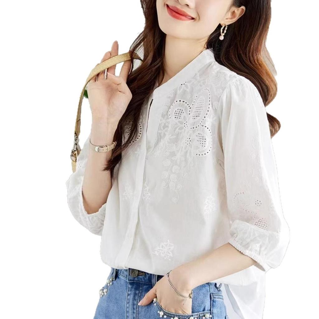 Embroidered White 3/4 Sleeve Hollow Summer Top - Slim Fashion Design, Loose Fit