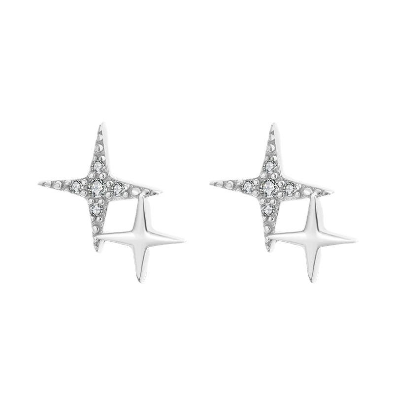 925 Sterling Silver Four-Pointed Star Stud Earrings for Women - Japanese and Korean Fresh Style with Full Diamond.