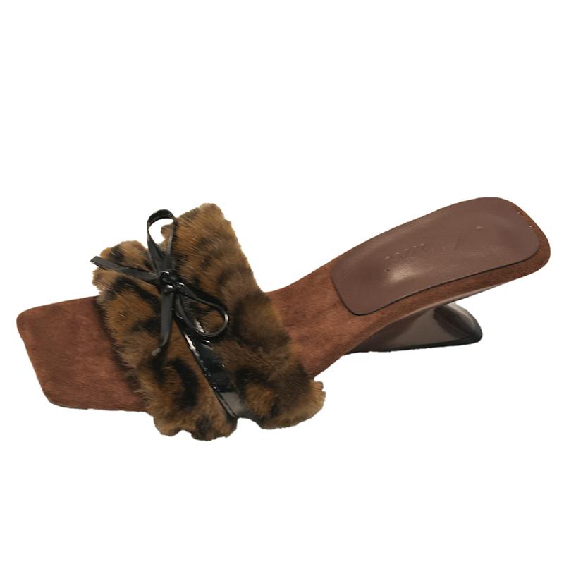Fashion Bow Fluffy Slippers Autumn New Square Toe Open Toe Shaped Heel Kitten Shoes