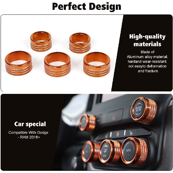 RT-TCZ Center Control AC Radio Switch Knob Cover Volume Tune Switch Knob Button Cover Trim Ring Aluminium Alloy Interior Accessories for Dodge RAM