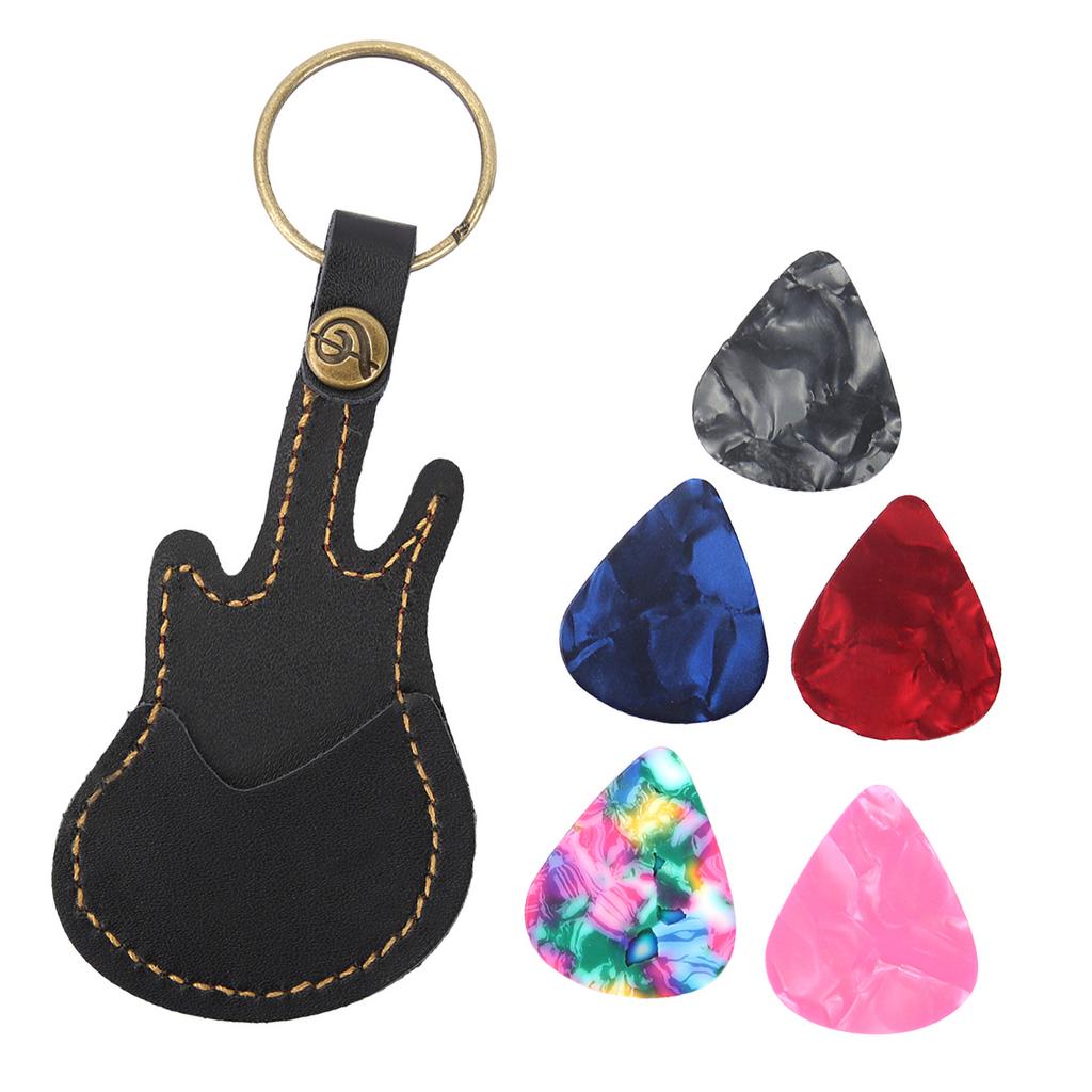 Portable Leather Brass Guitar Pick Bag Sleeve Holder Including Pick Accessories (Black)