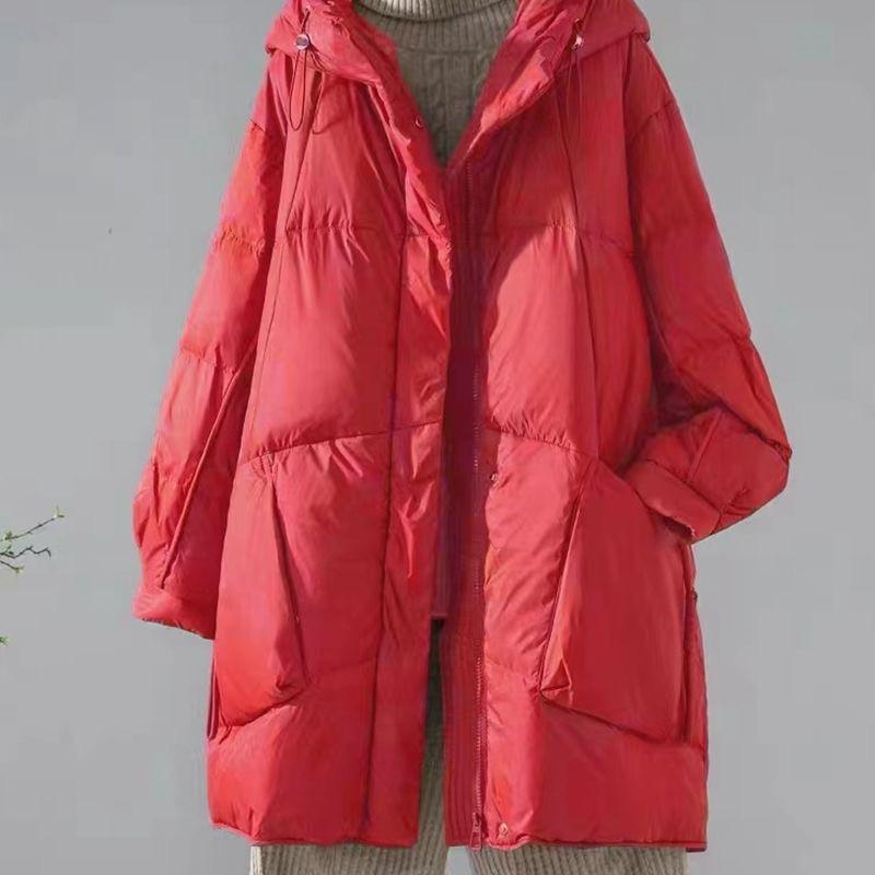 Women's Winter Mid-Length Thickened Oversized Cotton Coat, Solid Color, Loose Fit, Hooded Jacket