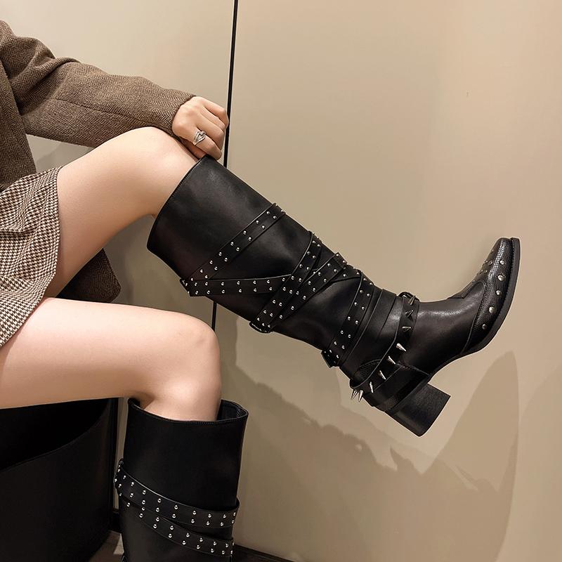 New Style Fashion Women's Designer Vintage Rivet Women Western Cowgirl Boots Autumn Winter Ladies Elegant Knight Long Boots