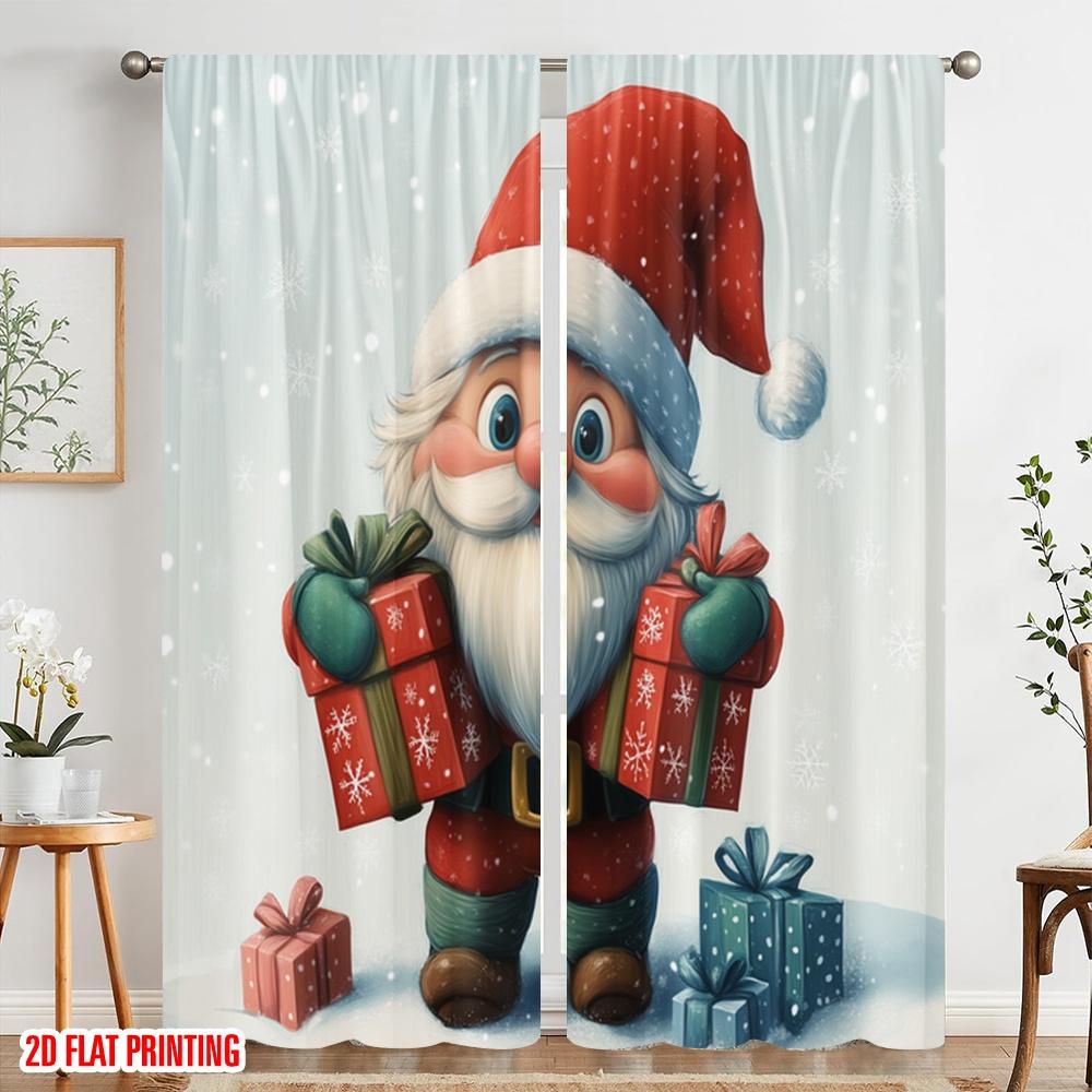 2pcs,2D Plane Printing Pattern Curtains Cute Santa Claus Presents Snow (3) Polyester Fabric (without Rod) Decorations Inside Use