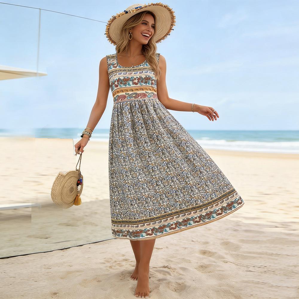 Dress - SummerBreeze - Bohemian Print, Sleeveless, Midi