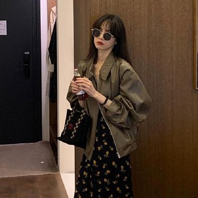 Women's Korean Style Retro Brown Faux Leather Pilot Jacket - Autumn High-End Versatile Outerwear.