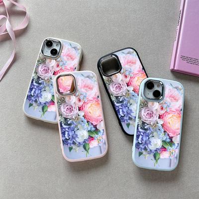 N48 Flower Peony Vase Soft Back Cover for iPhone 14 15 Pro Max Samsung A54 A22 Xiaomi Poco X5 Redmi Huawei Realme Plating Frame Camera Protector Case