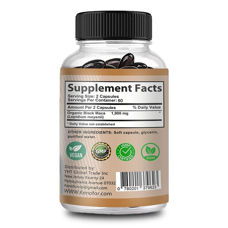Kenofor Organic Black Maca Root Supplement 1900mg, Lepidium Meyenii, Peruvian, Premium Quality, 120 Caps