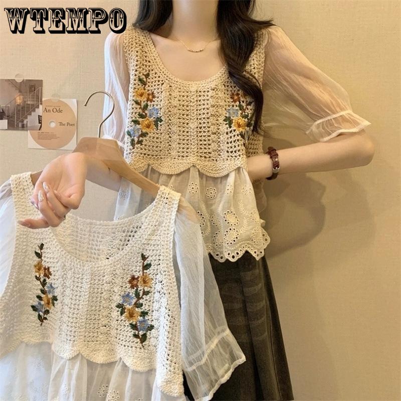 Camicetta da Donna a Maniche Corte in Chiffon Ricamo Floreale Retrò Francese Intreccio Traforato Top Stile Etnico Estivo