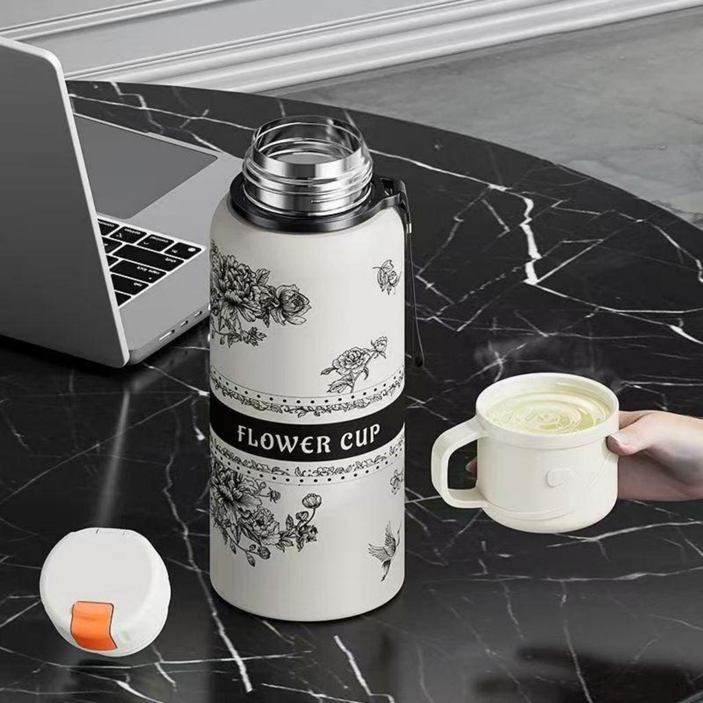 Flower Pattern Thermos Bottle with Filter Stainless Steel Travel Mug Large-capacity Double Wall Thermal Cup Travel