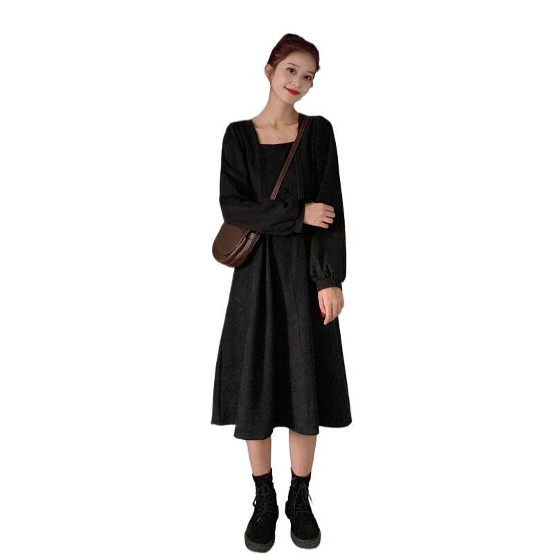 2026 Autumn Korean A-line High-Waist Slimming Mid-Length Square Neck Solid Color Long-Sleeve Dress
