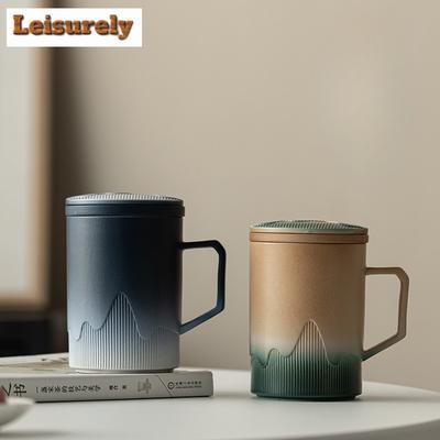 430ml Mountain Sea Ceramic Mug Tea Cup with Lid Tea Infuser Vintage Coffee Cup Japanese Breakfast Cups Handle Personalized Gifts