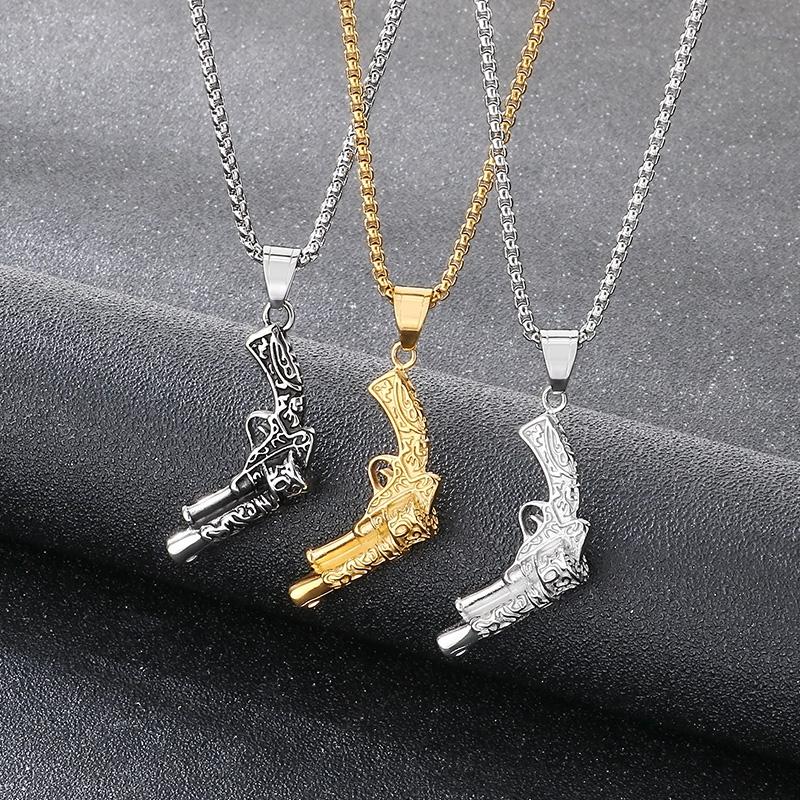 Larger Stainless Steel Gun Charm Pendant Necklace For Men Hip Hop Gold Color Party Jewelry Chunky Rock Boy Gift