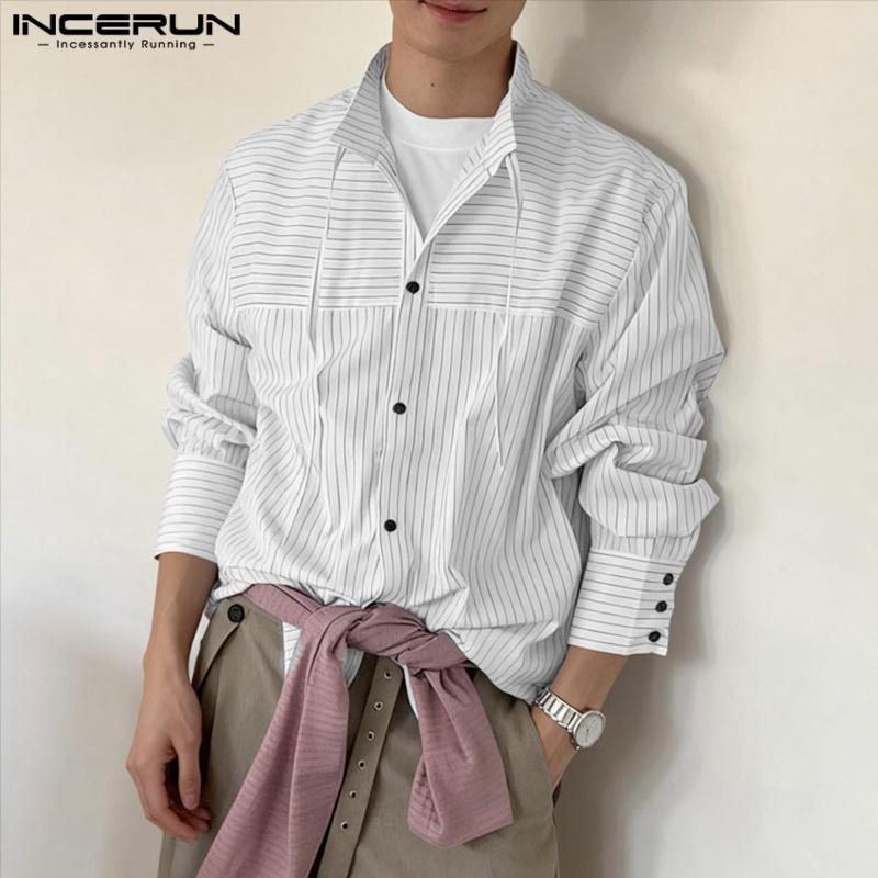INCERUN Men Spring Stand Neck Long Sleeve Striped Casual Oversized Shirts Tops