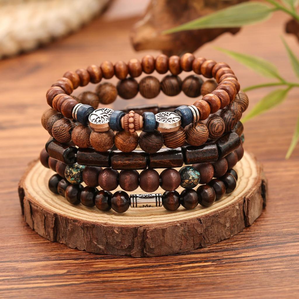 Hot-selling Handmade Beaded Bracelet Men's Retro Style Multi-layer Elastic Line Wooden Bead Life Tree Bracelet