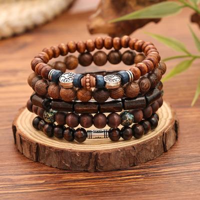 Hot-selling Handmade Beaded Bracelet Men's Retro Style Multi-layer Elastic Line Wooden Bead Life Tree Bracelet