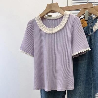 Damen Sommer Temperament Elegant Rüschenkragen Schulter Kurzarm T-Shirt Bequemes Spitzenbordüren Basic-Shirt