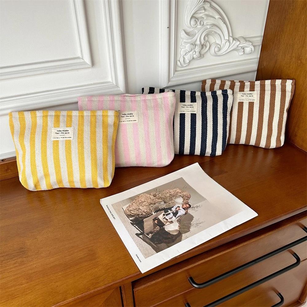 Stripe Canvas Cosmetic Bag Large Capacity Travel Toiletry Organizer for Women Portable Makeup Storage