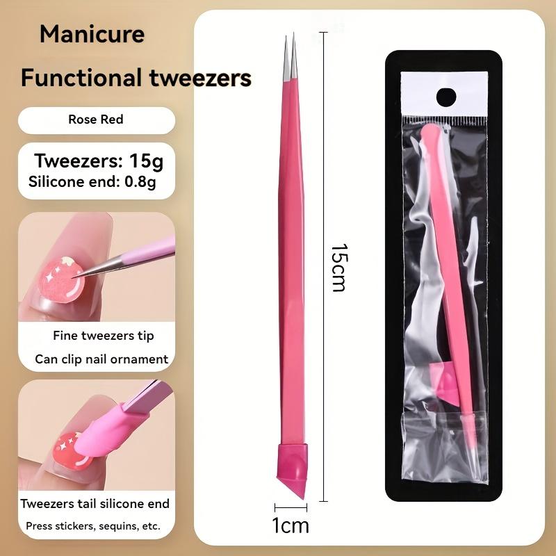 

Dual-Ended Nail Tweezers with Silicone & Rhinestone Tips Durable Stainless Steel for Rhinestone/Sticker Application/Gel Removal ярко-красный