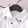 Spring Autumn White Shirts Women Turn Down Collar Embroidered Long Sleeve Casual Little Blue Flower