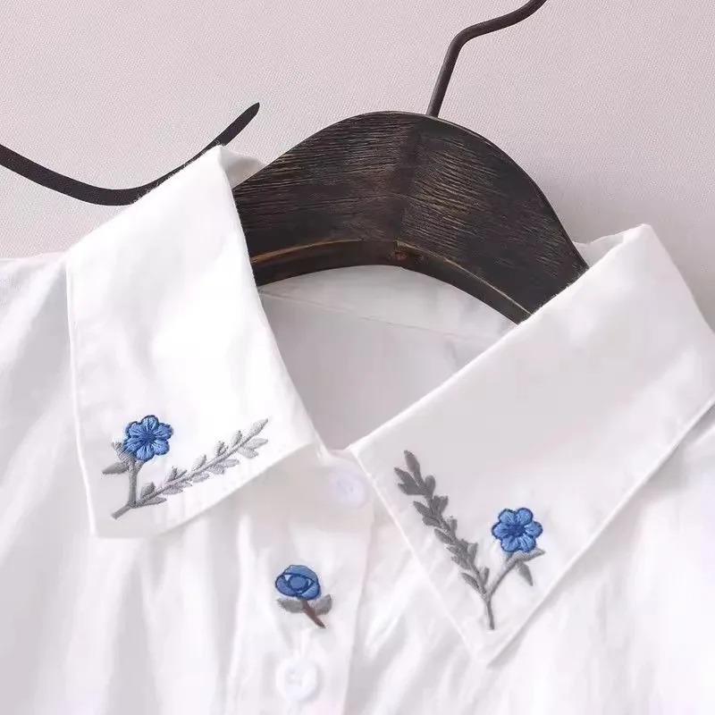 Spring Autumn White Shirts Women Turn Down Collar Embroidered Long Sleeve Casual Little Blue Flower