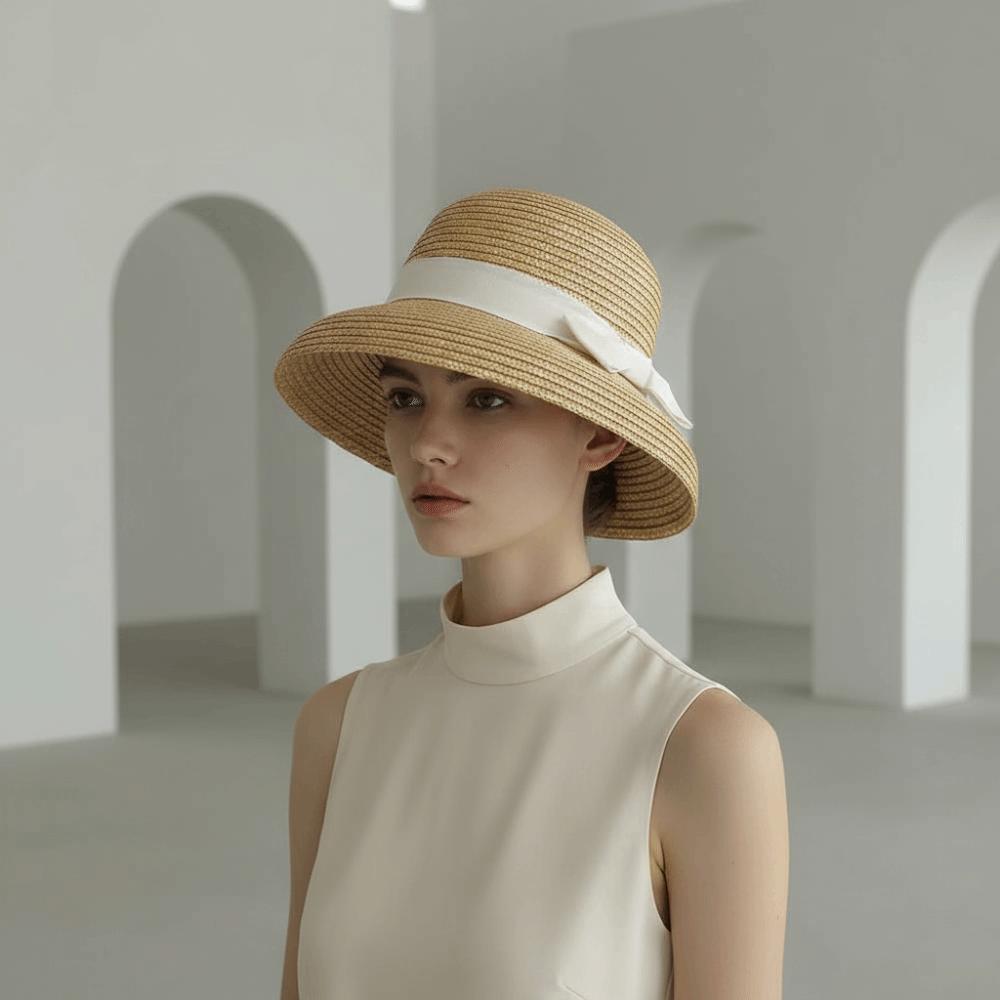 Grosgrain Ribbon Trim French Style Sun Hat Breathable Round Top Straw Topper Outdoor Horse Racing