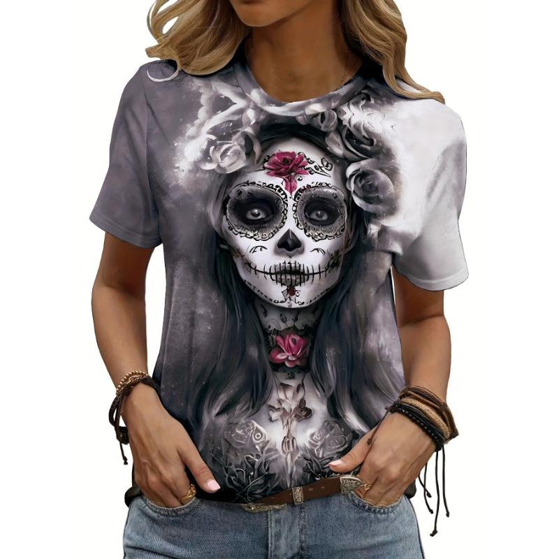 

Novel Dark Punk Skull Portrait Floral Print Round Neck Halloween T-Shirt, Stylish Casual Shirt, New Women S Festival T-Shirt S