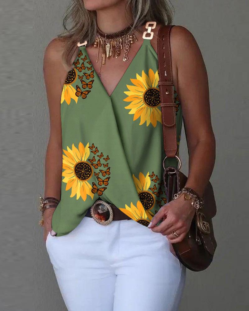 2023 Women's V-Neck Metal Buckle Printed Summer Vest Top
