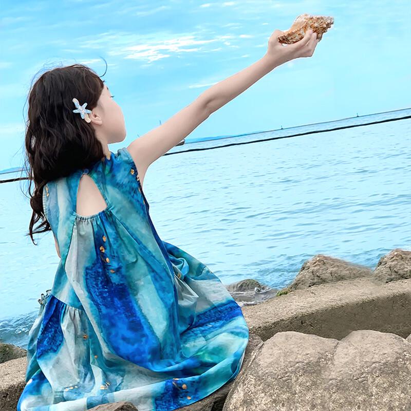 Girls' Sea Blue Cotton Suspender Beach Dress