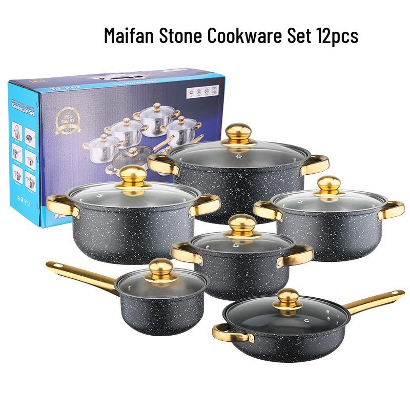 Stainless Steel Non-stick Cookware Set with Gold Handles, 12 PCS - Includes Soup Pot, Frying Pan, Steamer Basket.