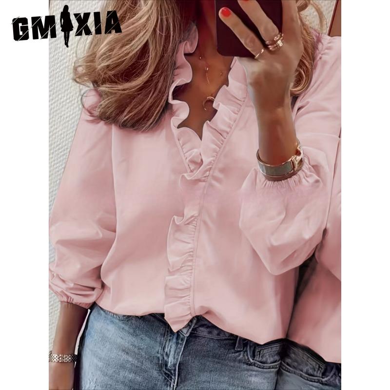 GMXIA Women's Fashion Casual Solid Color Print Long Sleeve V Neck Blouses & Shirts