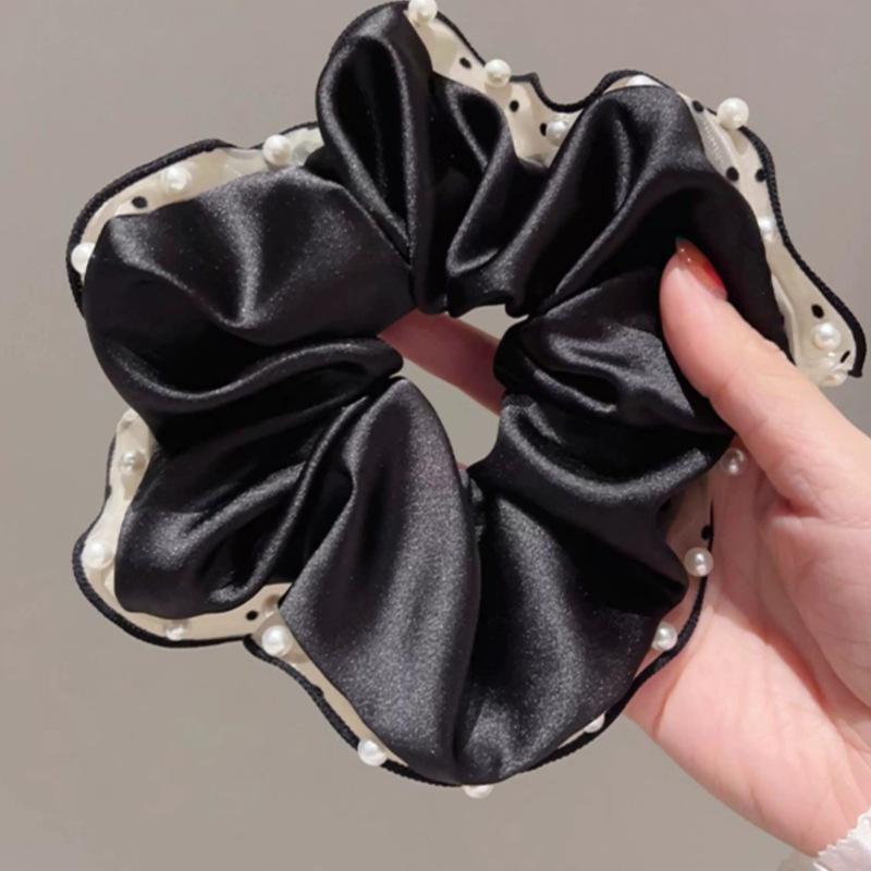 Pearl Polka Dot Satin Pleated Lace Hair Tie for Women