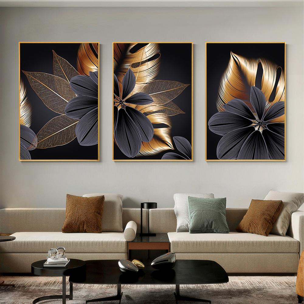 3 Pezzi Pittura su Tela Foglia di Pianta Nera Dorata Senza Cornice Arte Murale Astratta Decorazione Soggiorno Nordico Quadro Arredamento Moderno per la Casa