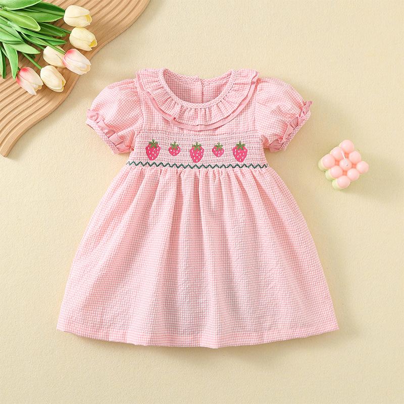 Summer Girls Cotton Breathable Strawberry Embroidered Smocked Plaid Dress Cute Baby Girl Casual Sundress For Toddlers 80cm