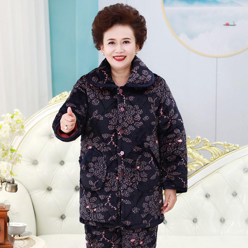 Three-Layer Fleece-Lined Quilted Winter Pajama Set for Elderly Women - Warm Coral Fleece Home Wear & Outerwear