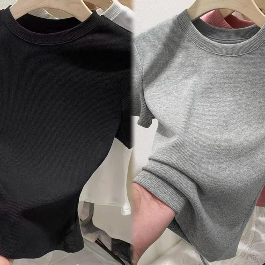 Dopamine Thread Slimming Women's Summer Short Sleeve T-Shirt – Versatile Straight Shoulder Round Neck