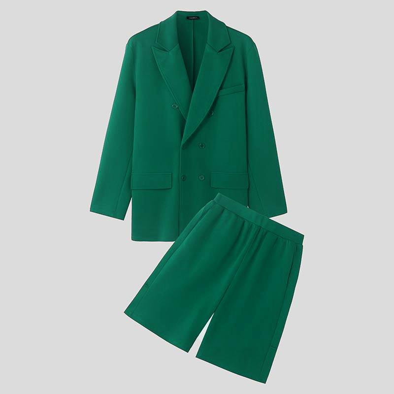 

INCERUN Two-piece Suits Men Long Sleeve Solid Color Coat Half Pants Casual Sets S зелёный