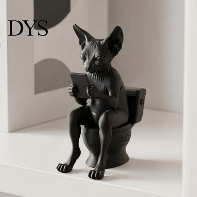Proti pádu Odolná Kancelářská Dekorace 3D Tištěná Bezsrstá Kočka na Záchodě Figurka, Vtipná Miniaturní Stolní Mini Stolní Soška Ozdoba, Kreativní Milovníci